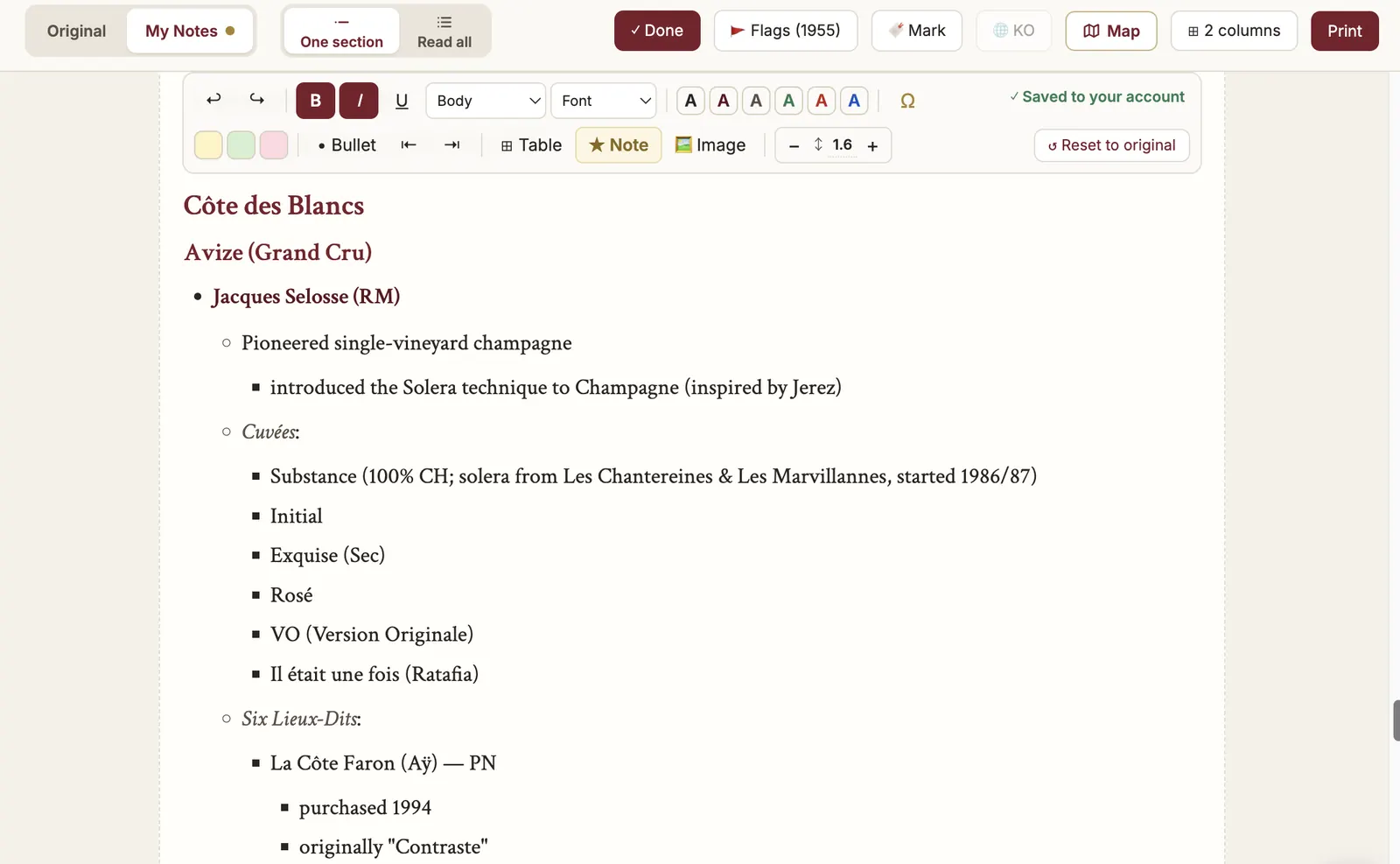 My Notes editor toolbar